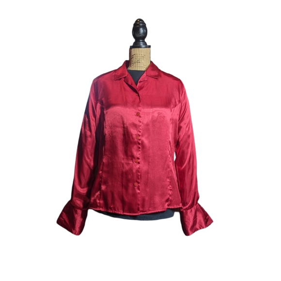 VTG 14 Shiny Red Satin Button Top Balloon Long Sleeve Blouse Cufflink Style Cuff - Picture 16 of 16